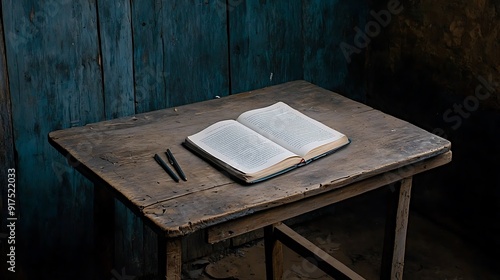 4. An empty book on a makeshift desk in a rural home, capturing the struggle for education in impoverished conditions