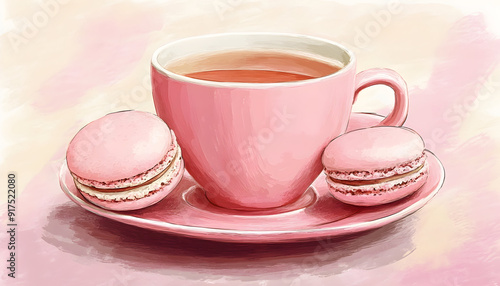 Illustration of a pink cup of tea and macarons