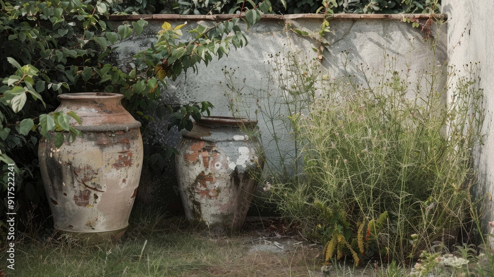 View of big garden vases with greenery View of big garden vases with greenery