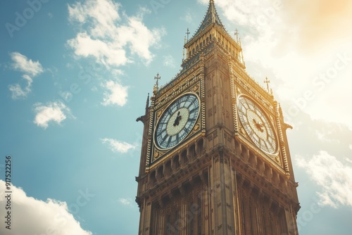 Sunny close up of iconic big ben tower in london, capturing its splendor on a beautiful day photo