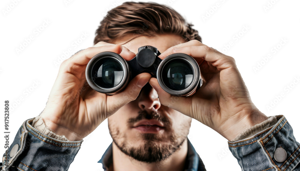 Man using binoculars to observe distant landscapes Man using binoculars to observe distant landscapes