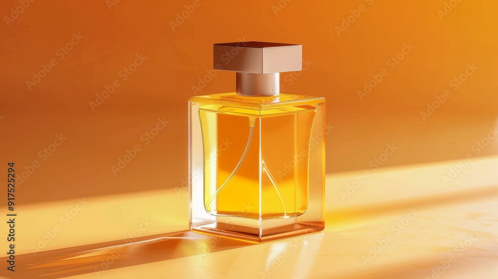 Glass bottle of perfume with a golden lid on a golden background. Glass bottle of perfume with a golden lid on a golden background.