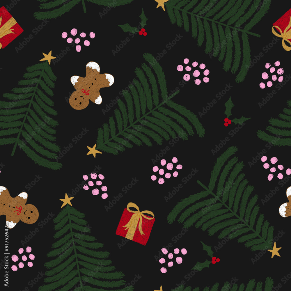 Patrón sin costuras de navidad. Fondo navideño con ilustración de galleta de jengibre, árbol y caja de regalos. Diseño repetido para telas, papel de regalo, fondos de pantalla. Papel digital Patrón sin costuras de navidad. Fondo navideño con ilustración de galleta de jengibre, árbol y caja de regalos. Diseño repetido para telas, papel de regalo, fondos de pantalla. Papel digital