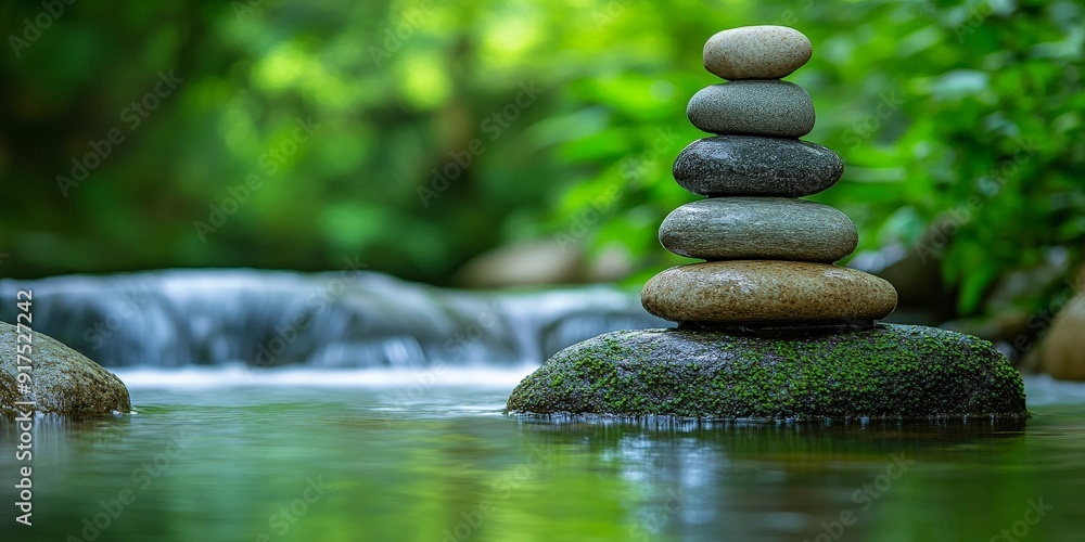 Zen Stones with Waterfall and Lush Greenery Zen Stones with Waterfall and Lush Greenery