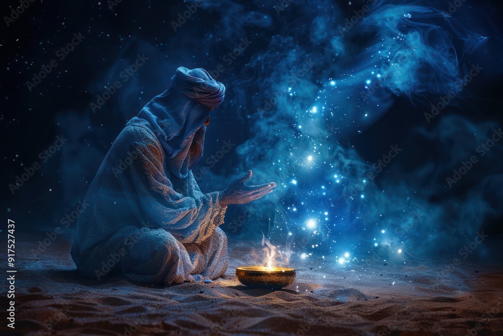Mystical Arabian Genie Grants Wishes in the Desert Night, Magical Dreams Come True with a Wish to the Genie Mystical Arabian Genie Grants Wishes in the Desert Night, Magical Dreams Come True with a Wish to the Genie