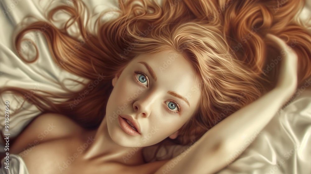 A young woman with long, flowing red hair lies on a bed of white sheets. Her blue eyes are wide open and her expression is thoughtful. A young woman with long, flowing red hair lies on a bed of white sheets. Her blue eyes are wide open and her expression is thoughtful.