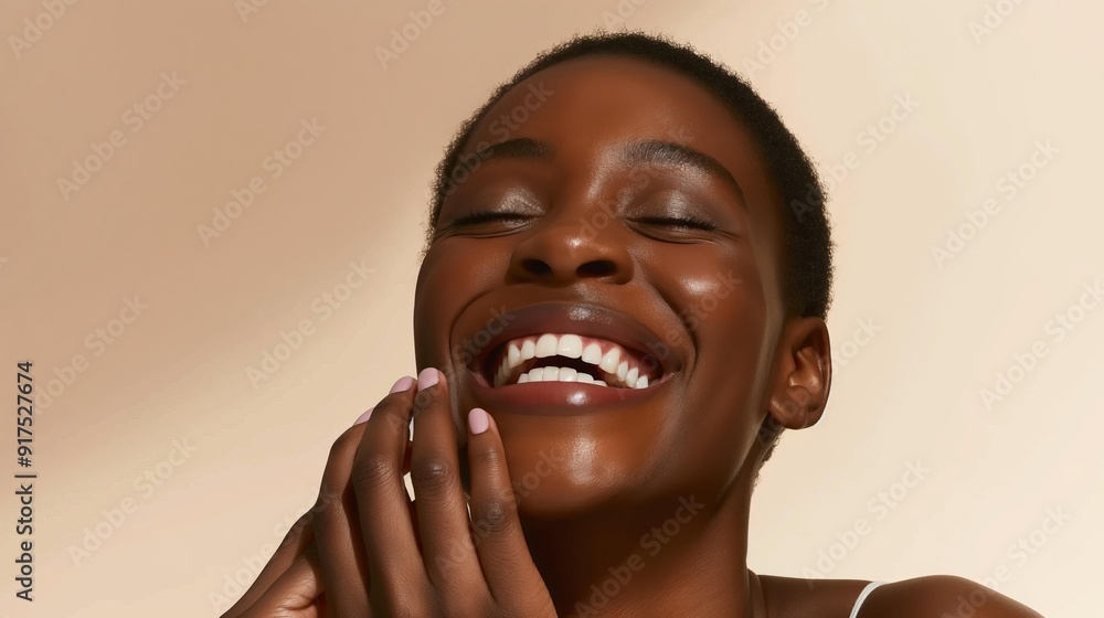 A young Black woman laughs with her eyes closed, looking up and touching her face. A young Black woman laughs with her eyes closed, looking up and touching her face.