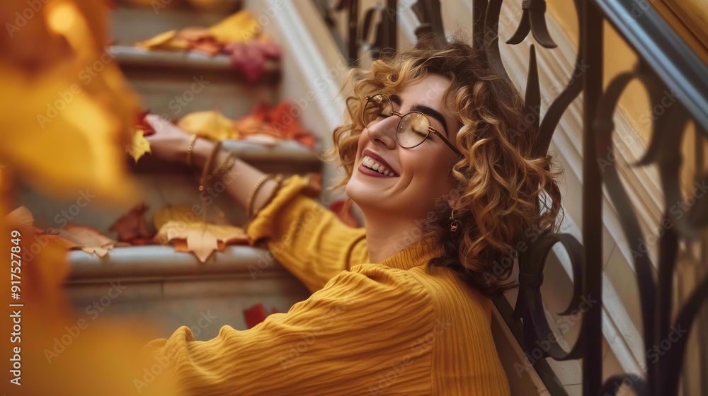 Obraz premium A young woman with curly hair smiles brightly as she sits on a staircase covered in autumn leaves.