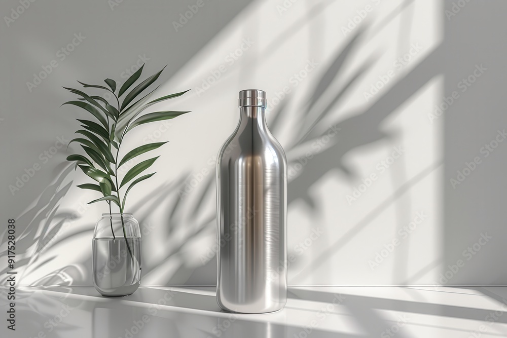 Stainless Steel Bottle and Plant in Minimalist Setting Stainless Steel Bottle and Plant in Minimalist Setting