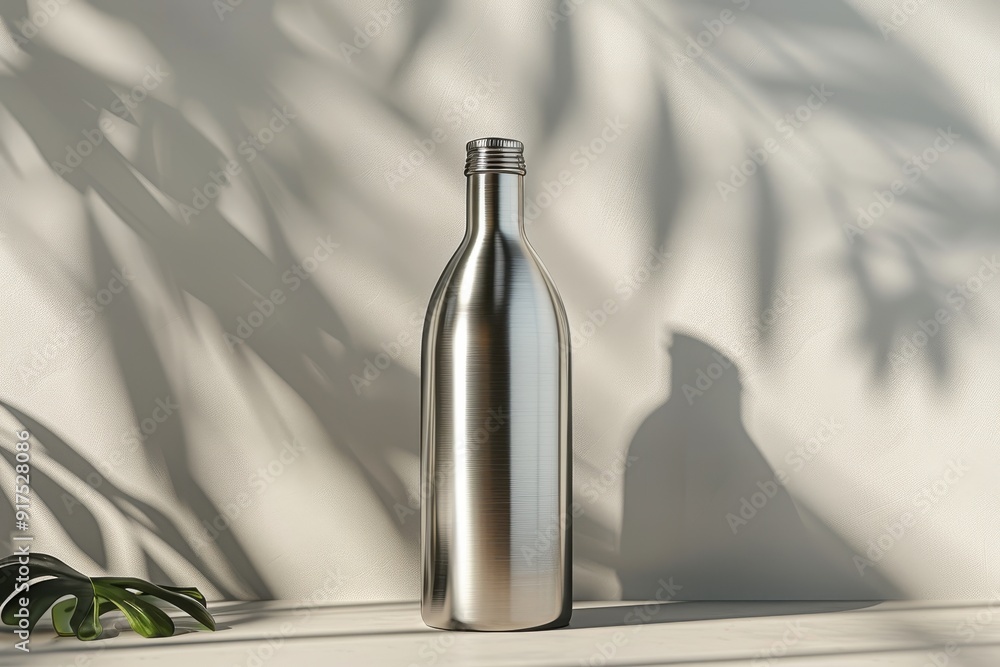 Stainless Steel Bottle with Plant Shadow on White Background Stainless Steel Bottle with Plant Shadow on White Background