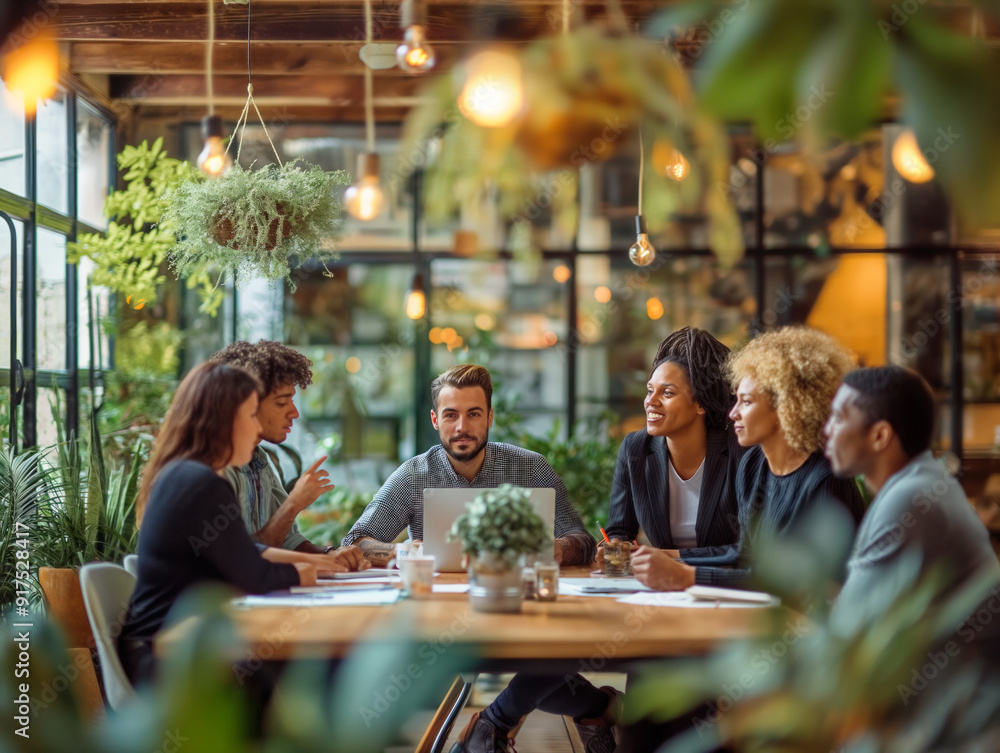 A group of people are sitting around a table in a restaurant, talking and laughing. The atmosphere is friendly and relaxed, with everyone enjoying each other's company