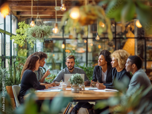 Obraz na płótnie A group of people are sitting around a table in a restaurant, talking and laughing. The atmosphere is friendly and relaxed, with everyone enjoying each other's company w salonie