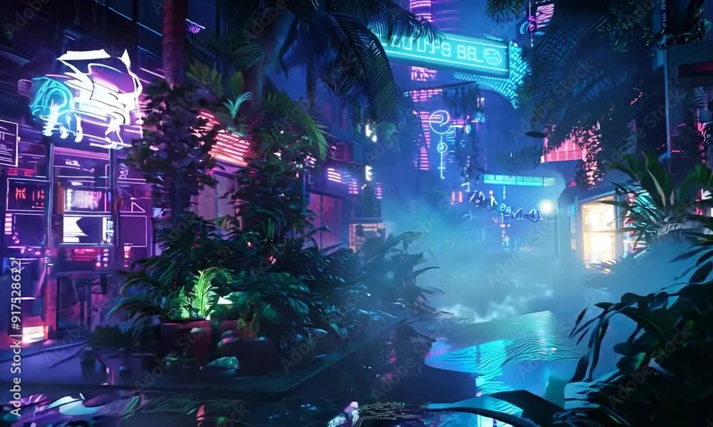 Neon Cityscape with Tropical Plants