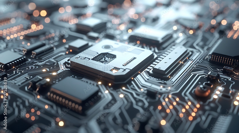 A close-up of a computer chip with intricate circuitry on a white surface. A close-up of a computer chip with intricate circuitry on a white surface.