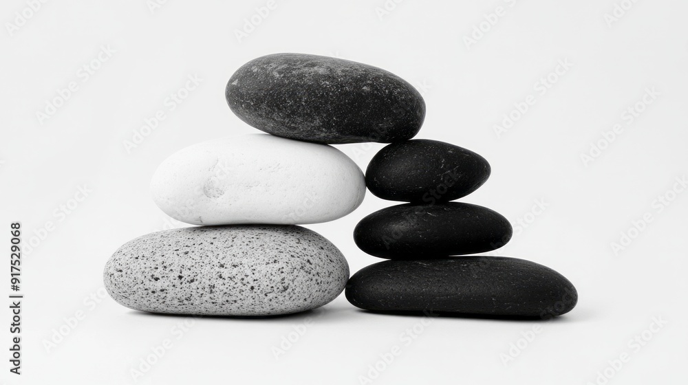 Stones black and white lined in a pyramid on a white background Stones black and white lined in a pyramid on a white background