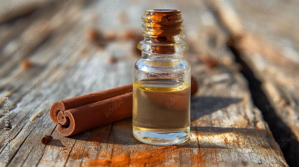 A small bottle of cinnamon oil sits on a wooden table next to a cinnamon stick. The oil is clear and golden, and the cinnamon stick is brown and fragrant. A small bottle of cinnamon oil sits on a wooden table next to a cinnamon stick. The oil is clear and golden, and the cinnamon stick is brown and fragrant.