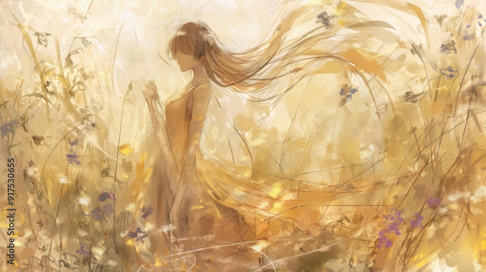 A young woman with long brown hair stands in a field of tall grass, the warm light of the sun illuminating the scene. A young woman with long brown hair stands in a field of tall grass, the warm light of the sun illuminating the scene.