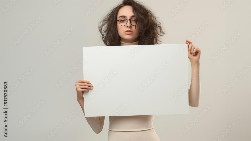 Young woman with brown hair wearing glasses holds a blank white sign in front of her. She looks directly at the camera with a neutral expression. Young woman with brown hair wearing glasses holds a blank white sign in front of her. She looks directly at the camera with a neutral expression.