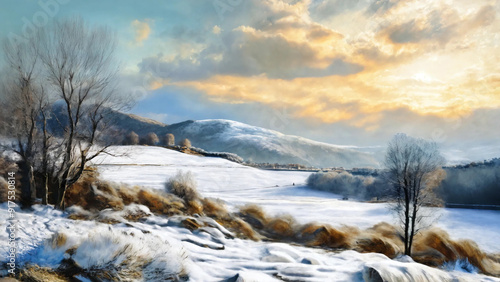 Landscape through the seasons in renaissance painting style, widescreen 16:9, 300 dpi, with space for text