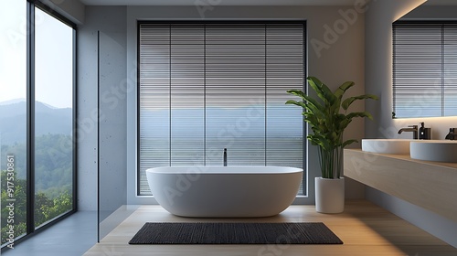 Fototapeta Naklejka Na Ścianę i Meble -  Chic bathroom design with large windows, sleek blinds, modern fixtures, neutral tones, and soft lighting, creating a stylish and serene bathing space, copy space for text,