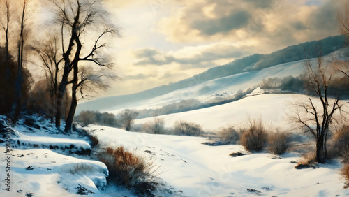 Landscape through the seasons in renaissance painting style, widescreen 16:9, 300 dpi, with space for text