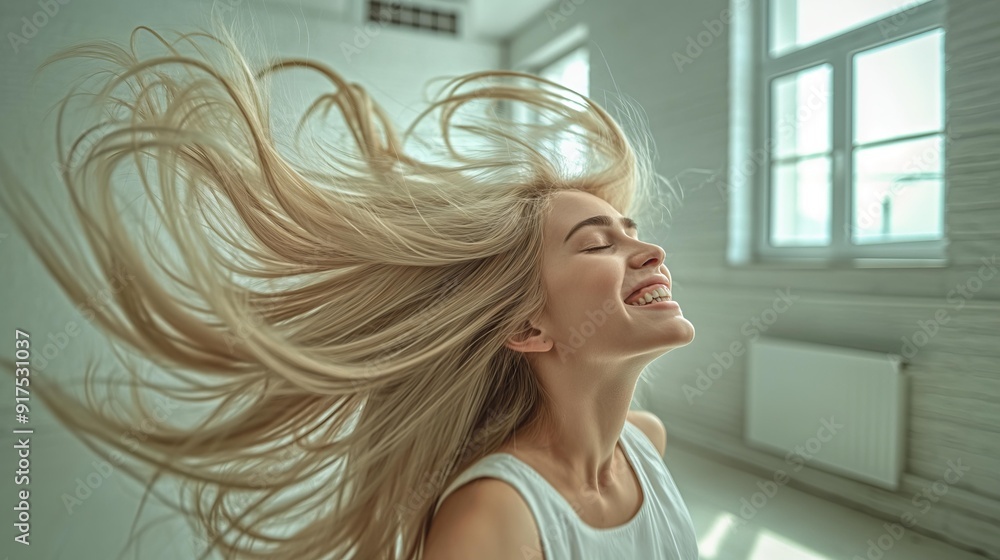 Young woman with long blonde hair smiling with her eyes closed.