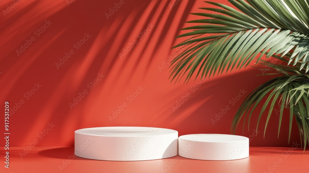 White circle and oval podiums for presentation under a leaf of a palm tree on a red background. stock photo White circle and oval podiums for presentation under a leaf of a palm tree on a red background. stock photo