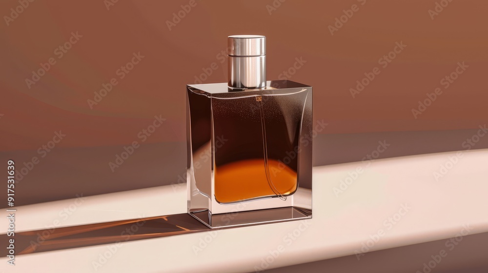 Glass bottle of perfume with a silver cap on a brown and white surface. Glass bottle of perfume with a silver cap on a brown and white surface.