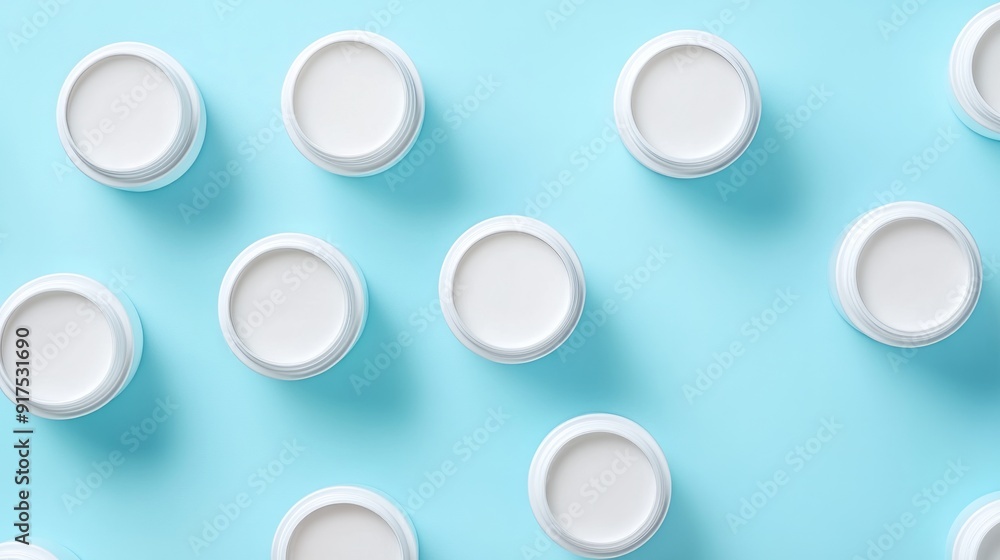 White plastic cans on a very very light blue background. Cosmetics for skin care. Detergents, disinfectants and laundries stock photo, birds view of camera White plastic cans on a very very light blue background. Cosmetics for skin care. Detergents, disinfectants and laundries stock photo, birds view of camera
