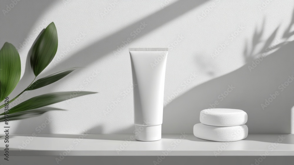 White plastic mockup cosmetic, cream tube standing on a bathroom shelf. Studio photography. stock photo White plastic mockup cosmetic, cream tube standing on a bathroom shelf. Studio photography. stock photo