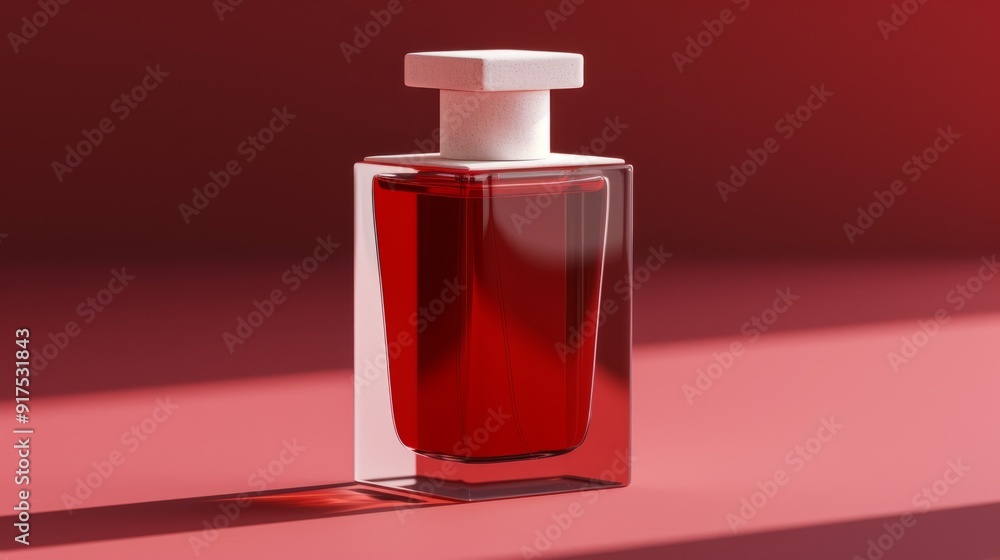 Red perfume bottle with white cap on pink background. Red perfume bottle with white cap on pink background.