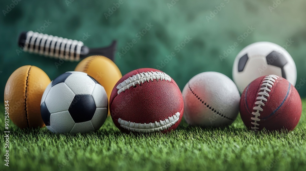 Naklejka premium sports supplies, equipment, set, variety, collection, gear, athletic, fitness, exercise, training, outdoor, indoor, game, competition, ball, racket, net, glove, shoes, clothing, apparel, accessories, 