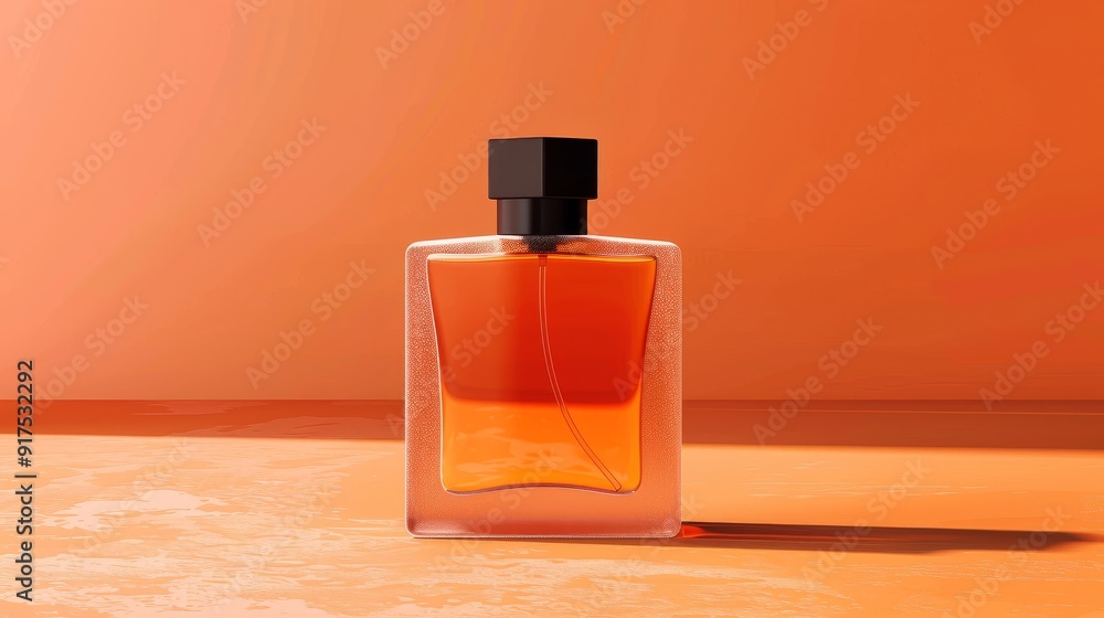 A glass bottle of perfume on an orange background. A glass bottle of perfume on an orange background.
