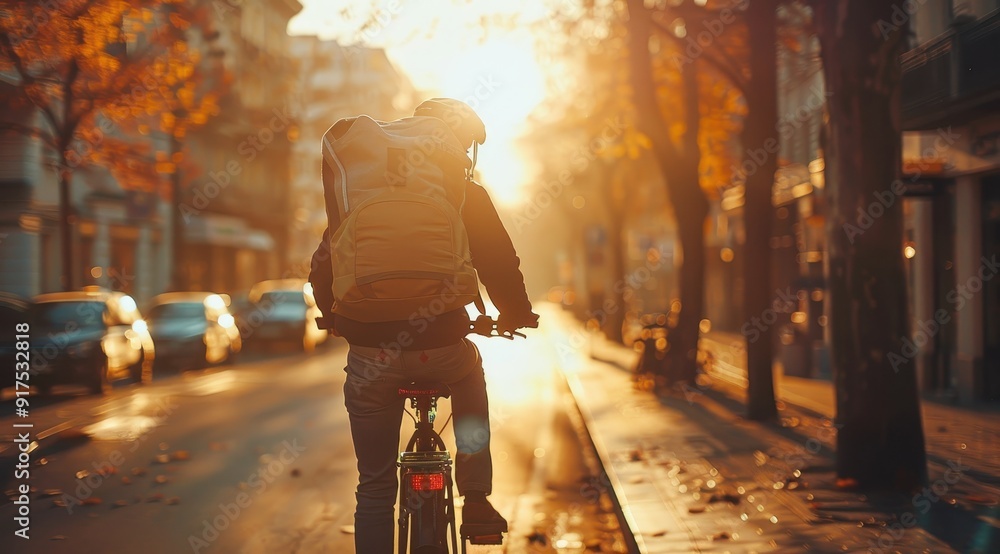 A photo of an urban bike delivery person, riding through the city streets with their back to the camera and carrying a large bag on their shoulders. A photo of an urban bike delivery person, riding through the city streets with their back to the camera and carrying a large bag on their shoulders.