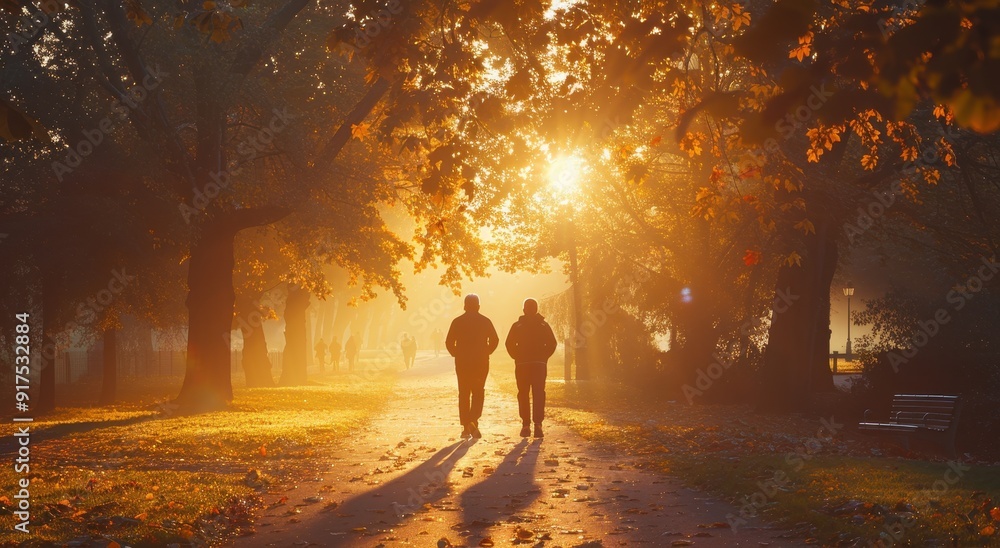 A senior couple jogging in the park at sunrise, with beautiful sunlight filtering through trees, creating an atmosphere of energy and health A senior couple jogging in the park at sunrise, with beautiful sunlight filtering through trees, creating an atmosphere of energy and health