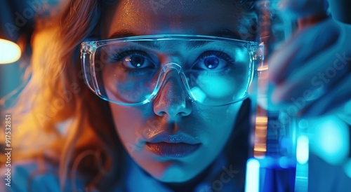 Wallpaper Mural A close-up shot of a female scientist in her lab, wearing protective glasses and gloves as she delicately holds up a test tube filled with glowing blue liquid Torontodigital.ca
