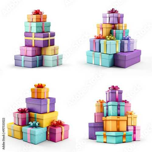 Four Stacks of Colorful Gift Boxes with Ribbons.