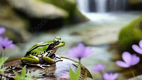 A green frog on a small rock by a brook with purple flowers in the foreground, widescreen 16:9, 300 dpi, with space for text photo