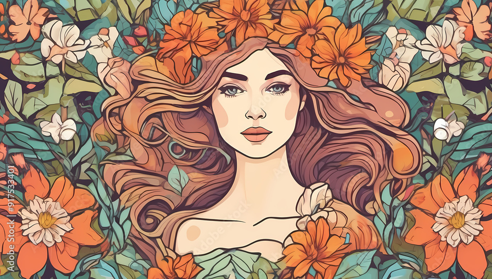 beautiful retro asian woman floral garden flowers leaves colorful vintage spring summer beautiful retro asian woman floral garden flowers leaves colorful vintage spring summer