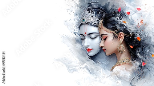 Divine representation of Lord Krishna with his consort Radha, their love depicted through soft, ethereal colors, classical Indian art style, detailed facial expressions, copy space for text,
