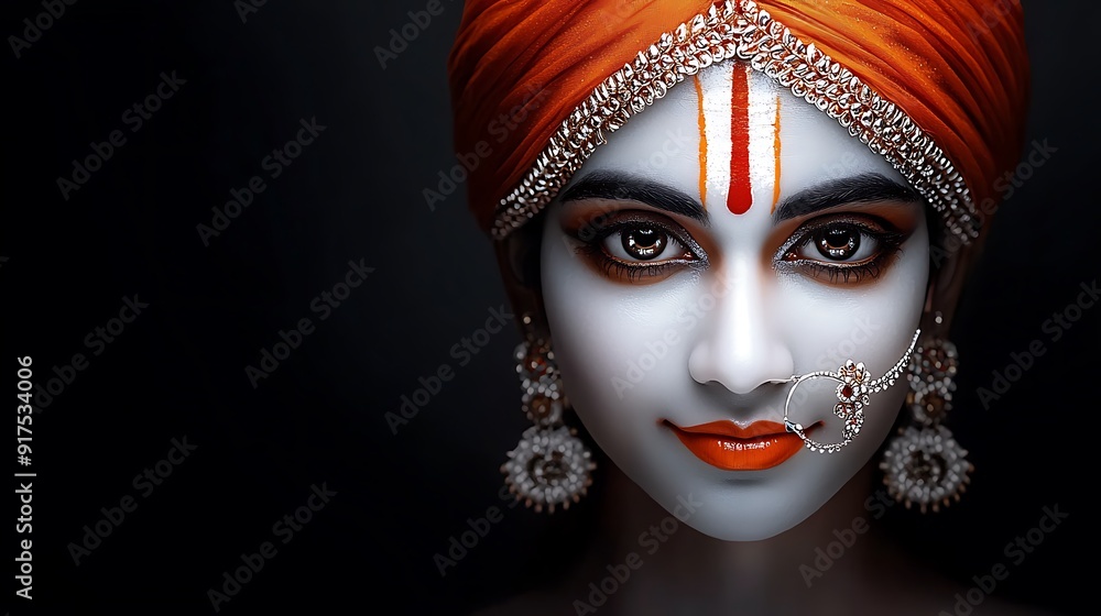 Divine portrayal of Lord Krishna with a serene smile, adorned with traditional jewelry, symbolic of his divine nature, intricate detailing, traditional art, copy space for text, Divine portrayal of Lord Krishna with a serene smile, adorned with traditional jewelry, symbolic of his divine nature, intricate detailing, traditional art, copy space for text,
