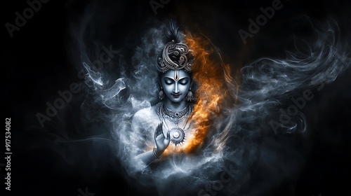 Artistic portrayal of Lord Krishna in his divine form, surrounded by an aura of light, holding the Sudarshana Chakra, symbolic of protection, detailed traditional artwork, copy space for text,