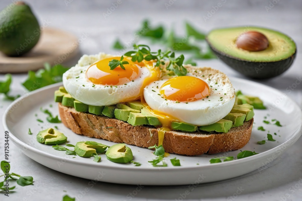 Poached Egg on a Slice of Avocado Toast with a Light Background Poached Egg on a Slice of Avocado Toast with a Light Background