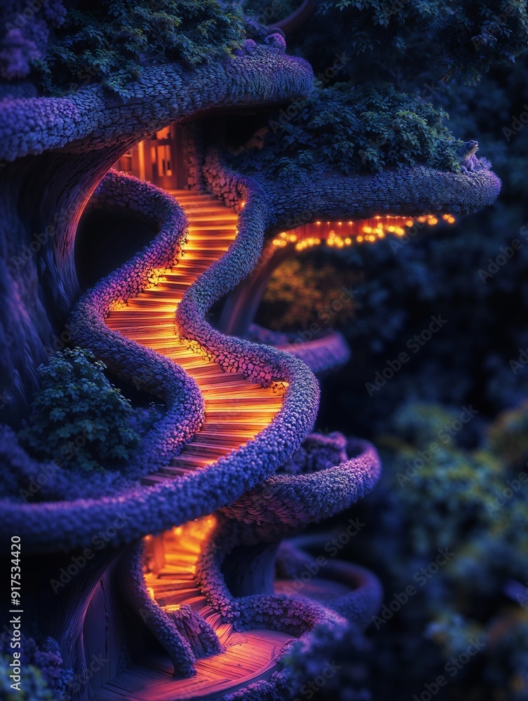 Obraz premium Magical Treehouse Staircase Illuminated with Warm Lights in the Evening