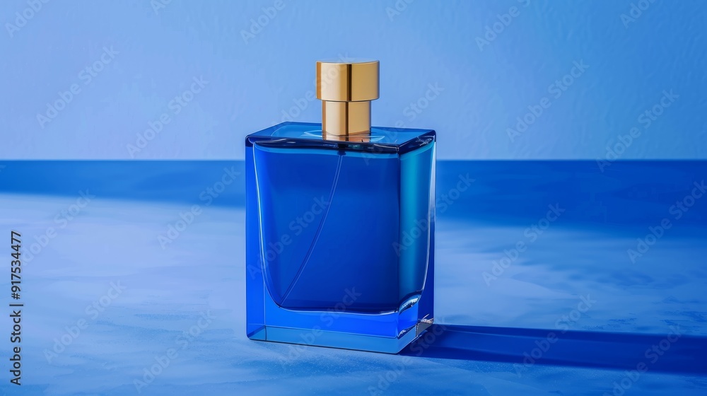 A close-up of a blue perfume bottle with a gold lid, set against a blue background. A close-up of a blue perfume bottle with a gold lid, set against a blue background.