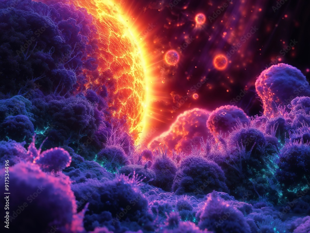 Vibrant Cosmic Landscape with Fiery Star and Lush Alien Terrain Vibrant Cosmic Landscape with Fiery Star and Lush Alien Terrain