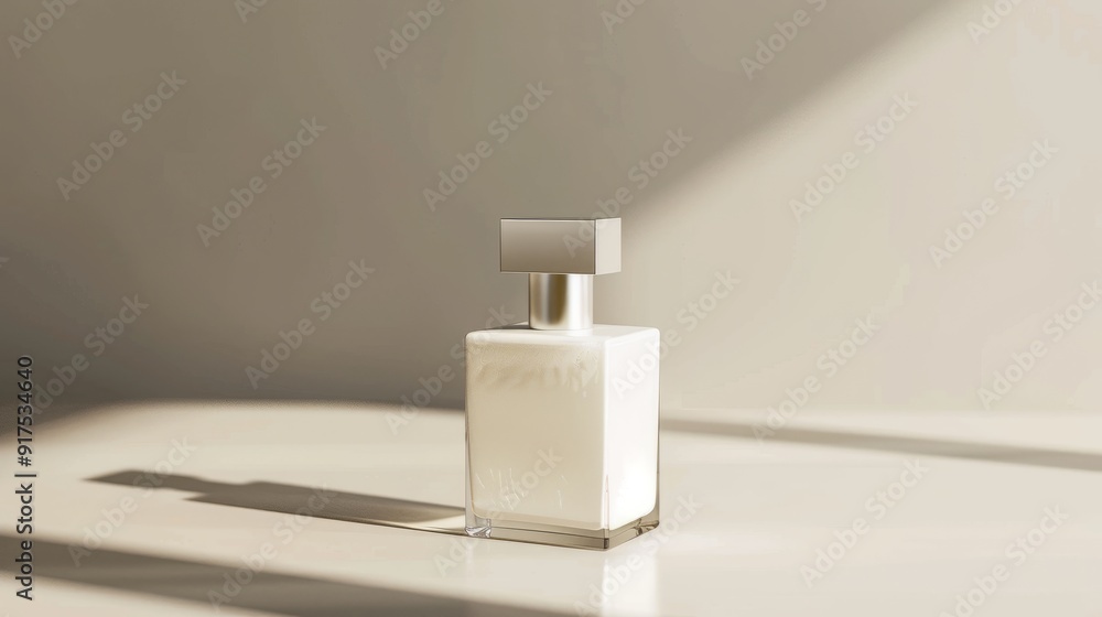 A square glass bottle of perfume with a silver top sits on a light beige table with a shadow from a window. A square glass bottle of perfume with a silver top sits on a light beige table with a shadow from a window.