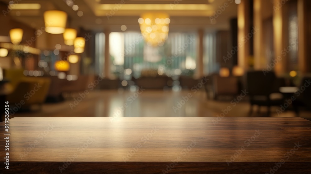 Empty hotel lobby table top with blurred hotel background Empty hotel lobby table top with blurred hotel background