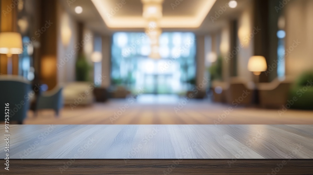 Empty hotel lobby table top with blurred hotel background Empty hotel lobby table top with blurred hotel background