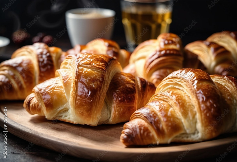 Assortment of golden-brown croissants rests on rustic tray. Warm fragrant aroma fills cozy kitchen. Inviting display suggests relaxing morning gathering, ideal breakfast brunch with family friends Assortment of golden-brown croissants rests on rustic tray. Warm fragrant aroma fills cozy kitchen. Inviting display suggests relaxing morning gathering, ideal breakfast brunch with family friends